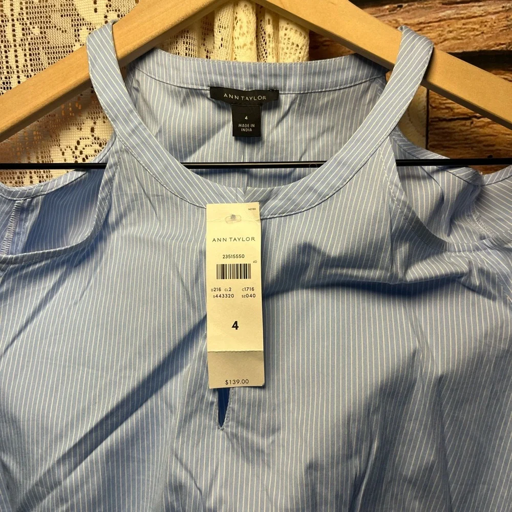 Ann Taylor Blue and White Pin Stripe Cold Shoulder Ruffle Dress (102) - Picture 3 of 9